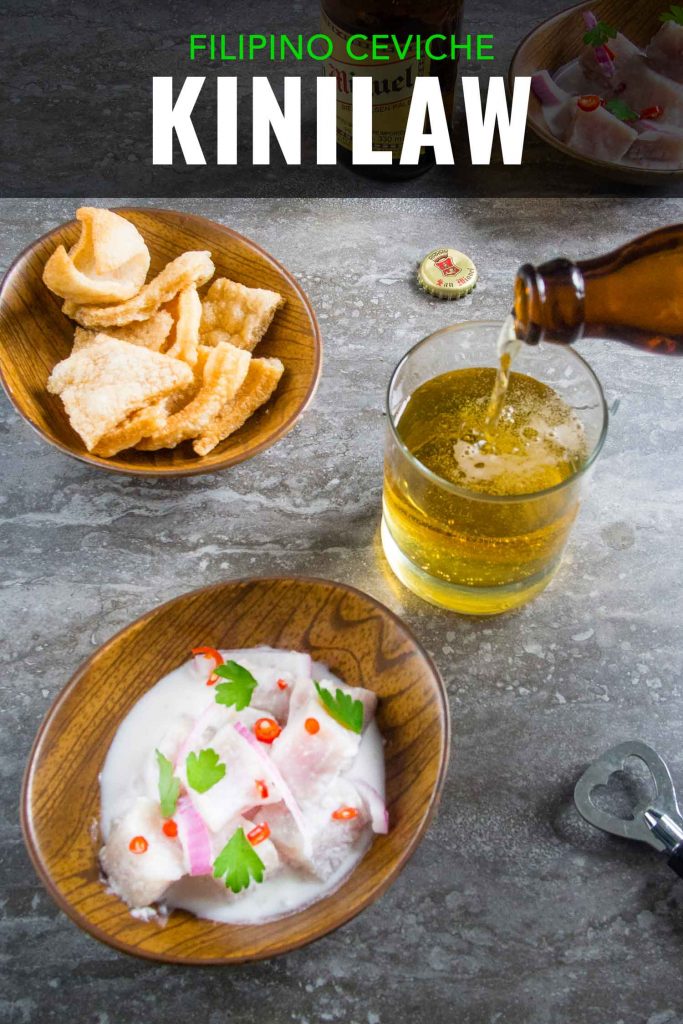Kinilaw in a bowl, marinated fish in a bowl similar to ceviche next to a beer