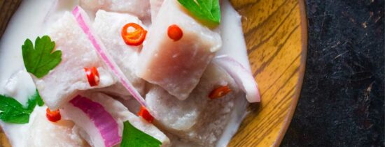 Kinilaw in a bowl, marinated fish in a bowl similar to ceviche.