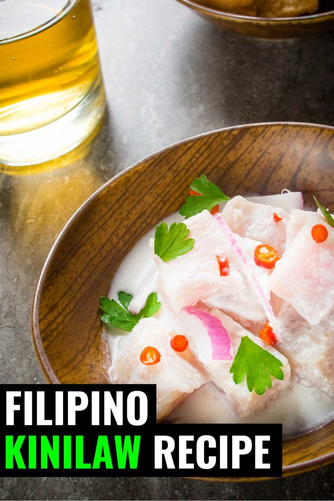 Kinilaw in a bowl, marinated fish in a bowl similar to ceviche next to a beer