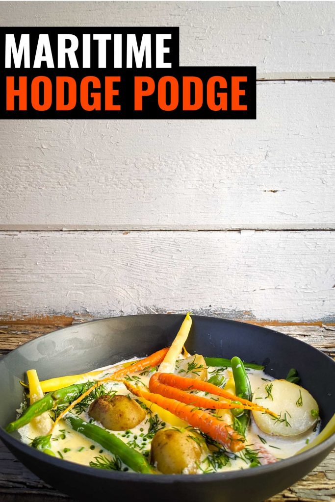 A bowl of vegetables in cream, a traditional recipe in Nova Scotia called hodge podge.
