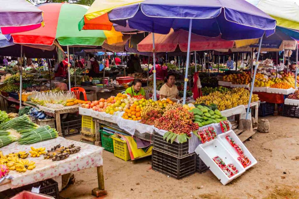 Laos fruit market outdoors with a variety of vendors