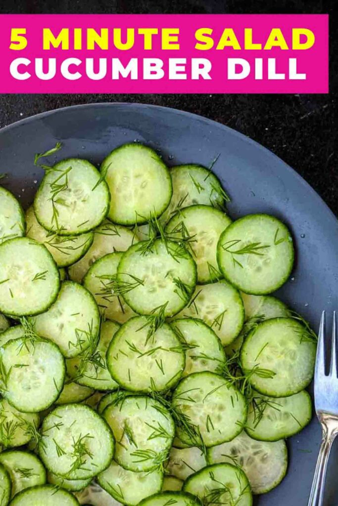 Finnish Cucumber Salad on a blue plate with text 5 minute salad cucumber dill