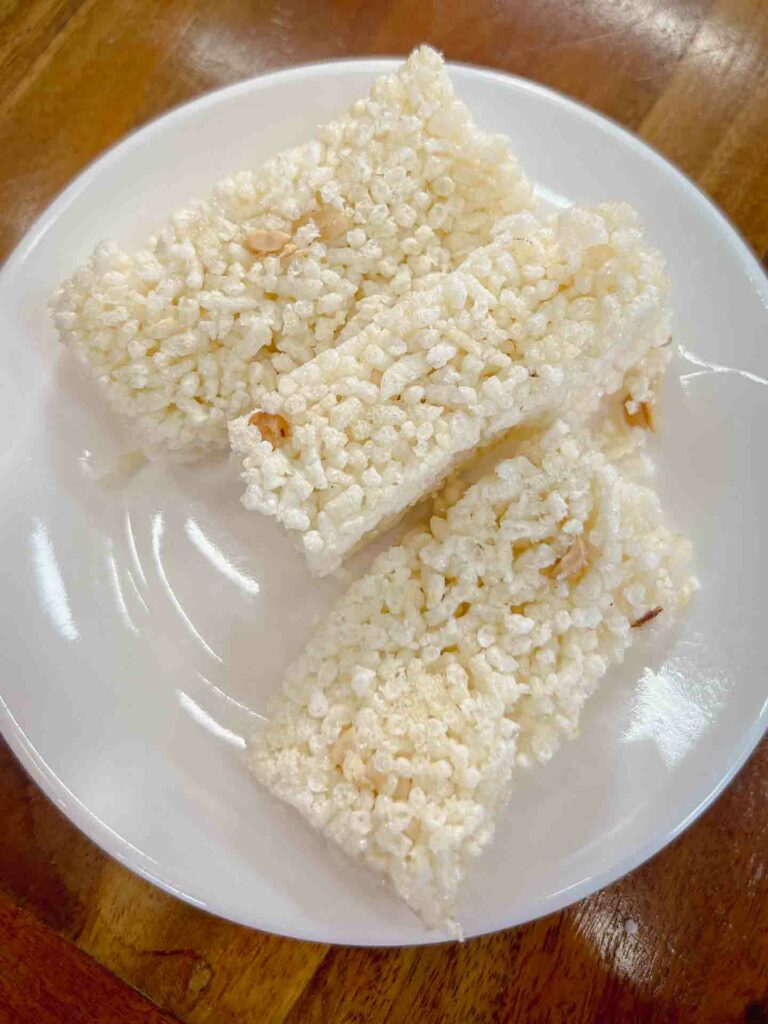 Ampao crispy rice square from South Cebu on a white plate