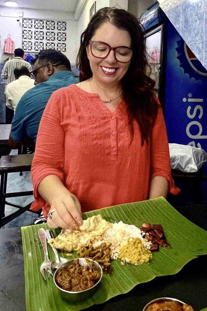 ayngelina eating rice and curry in sri lanka