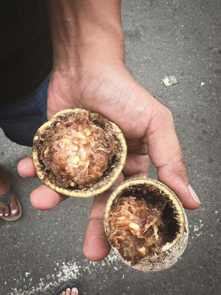 sri lankan fruit wood apple cut open in a man's hand