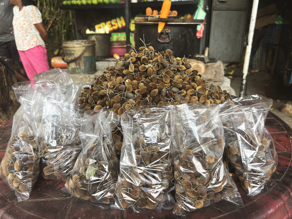 A pile of wood tamarind, a small Sri Lankan fruit with some bags of it