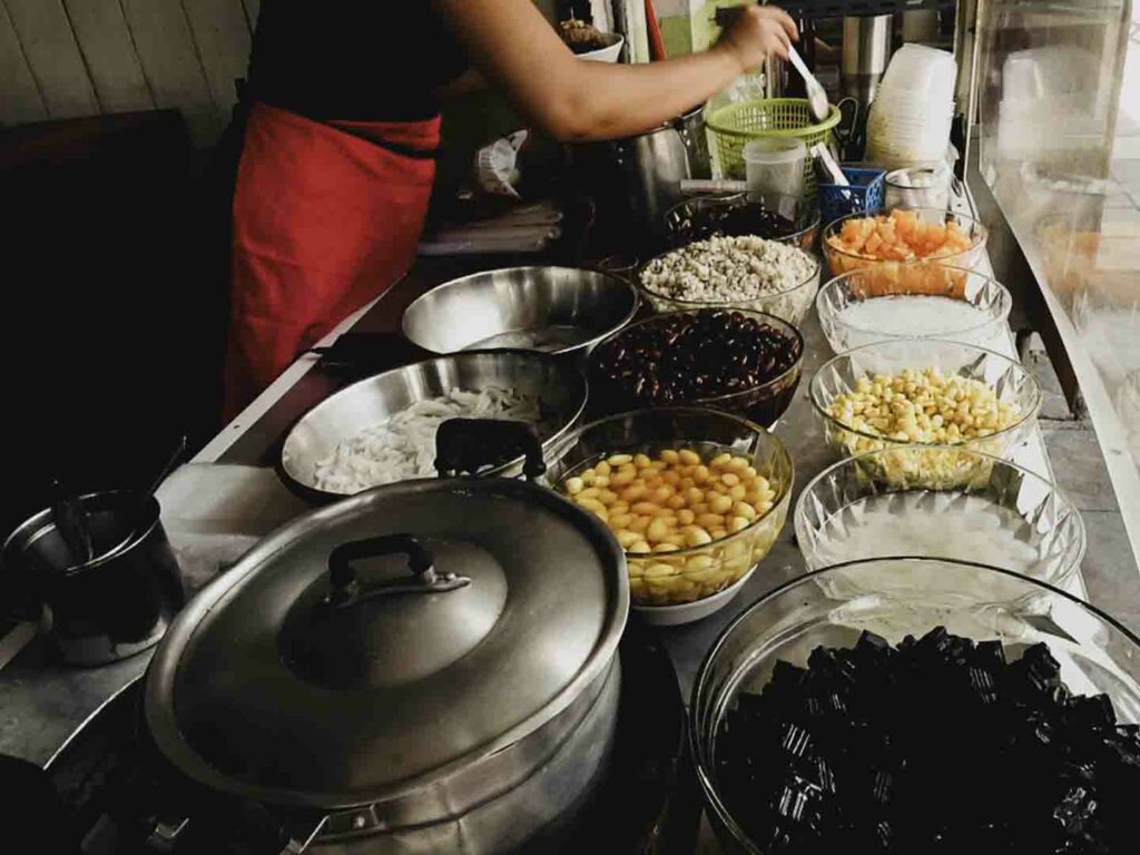 Thai iced dessert toppings at famous stall in Bangrak