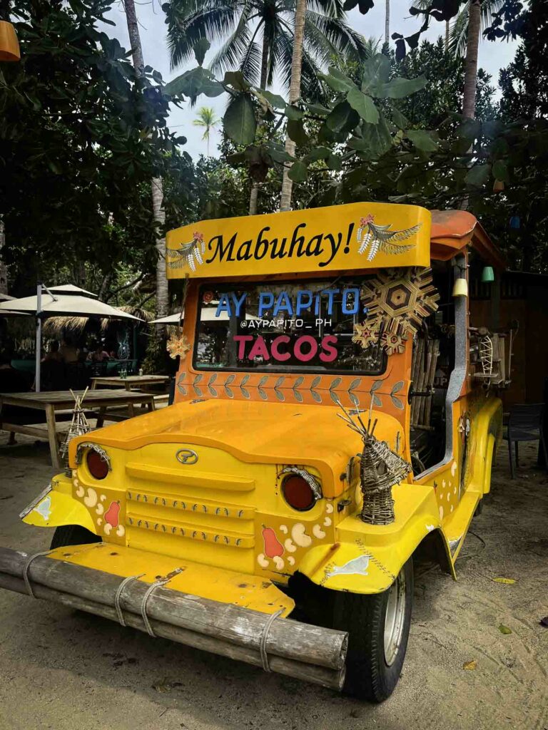 Jeepney food truck at Lio Beach in El Nido Palawan serving Mexican tacos