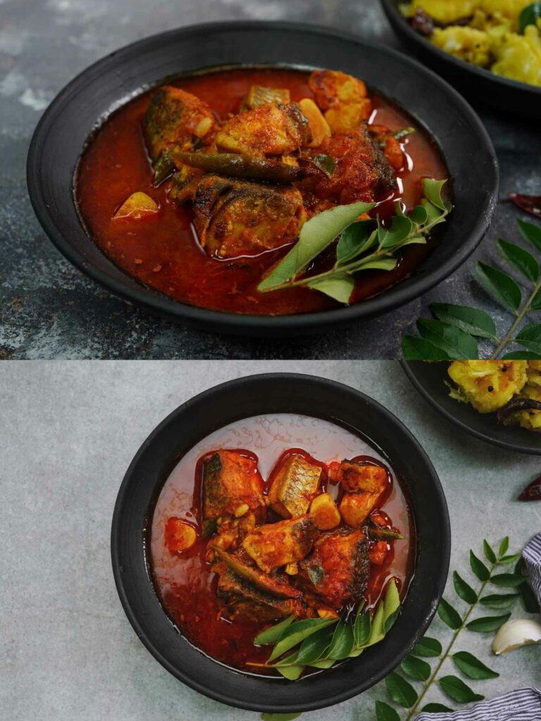 Meen Kulambu a tamarind based curry in a black bowl, one of the most traditional Jaffna foods