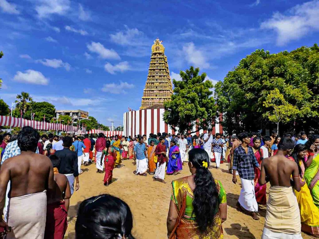 Nallur Kandaswamy Kovil with local Sri Lankans walking toward festival