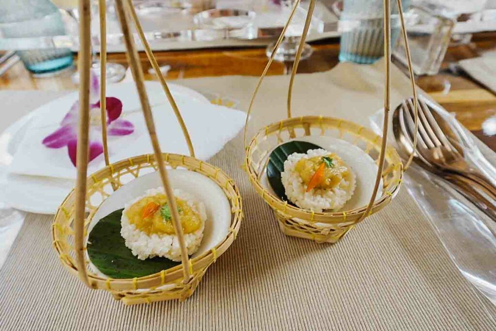 Thai appetizers on dining table of Thai Bus Food Tour in Bangkok