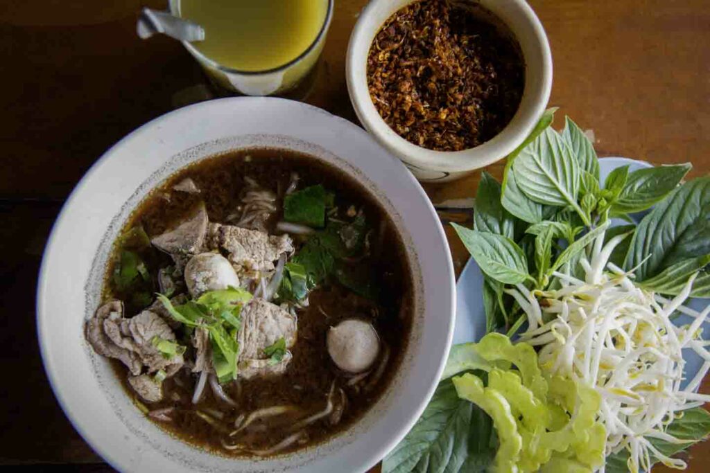 Boat noodles,Thai style noodle soup or noodles with pork and pork balls, Ayutthaya Boat Noodle, Pork noodles mixed with pig's blood