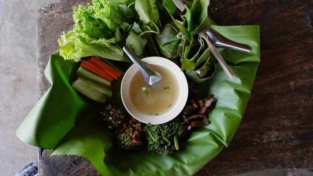 Typical Chiang Rai food on a banana leaf