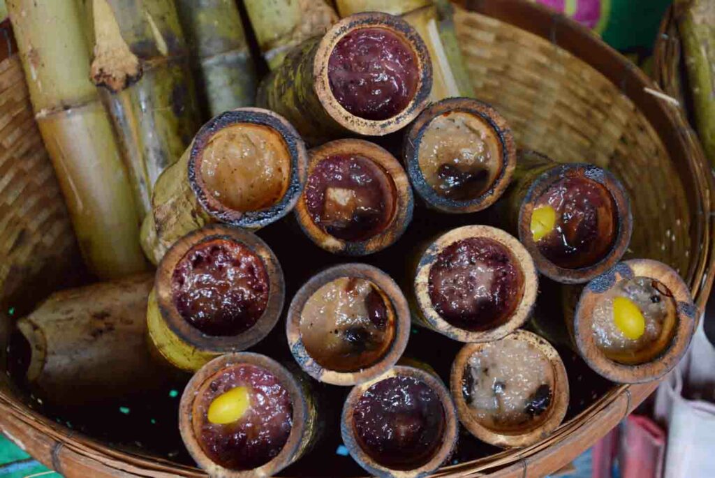 Khao Lam chiang mai foods sticky rice cooked in bamboo and sold on the street