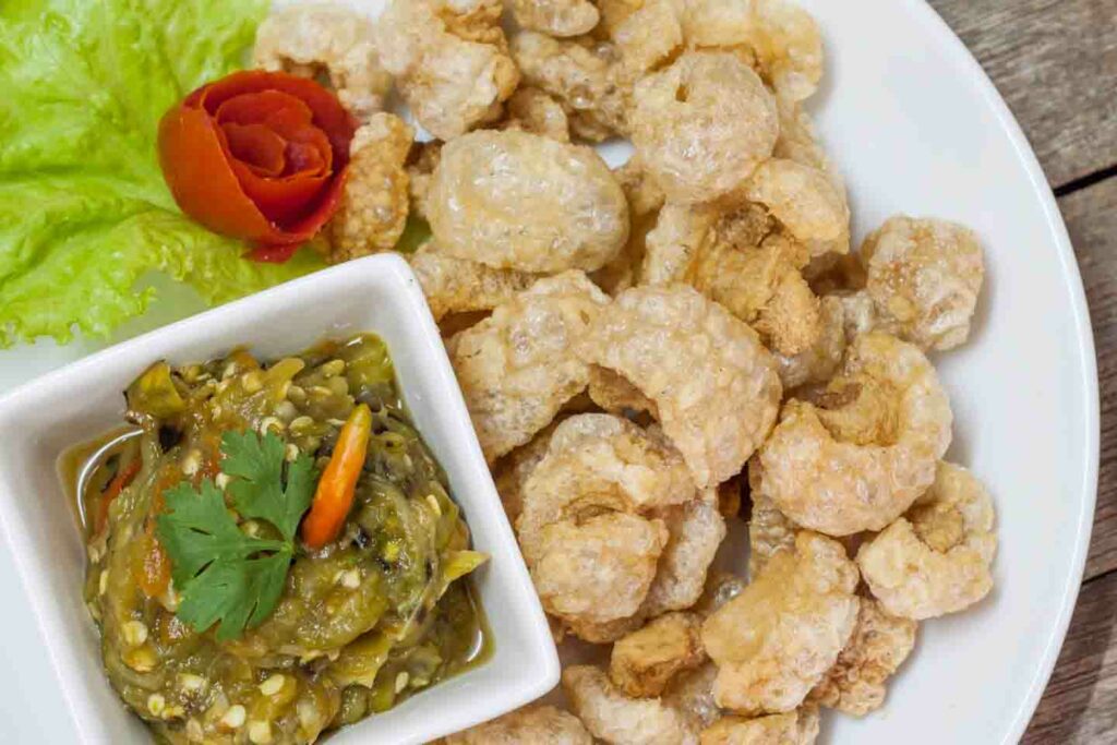 Nam Prik Noom northern thai dip served with fried pork skin