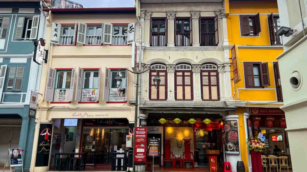 Traditional homes in a row in Chinatown in Singapore, now home to shops