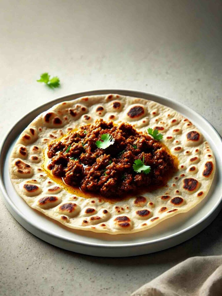 Singapore Little India food Chapati with Mutton Keema served onte white pla