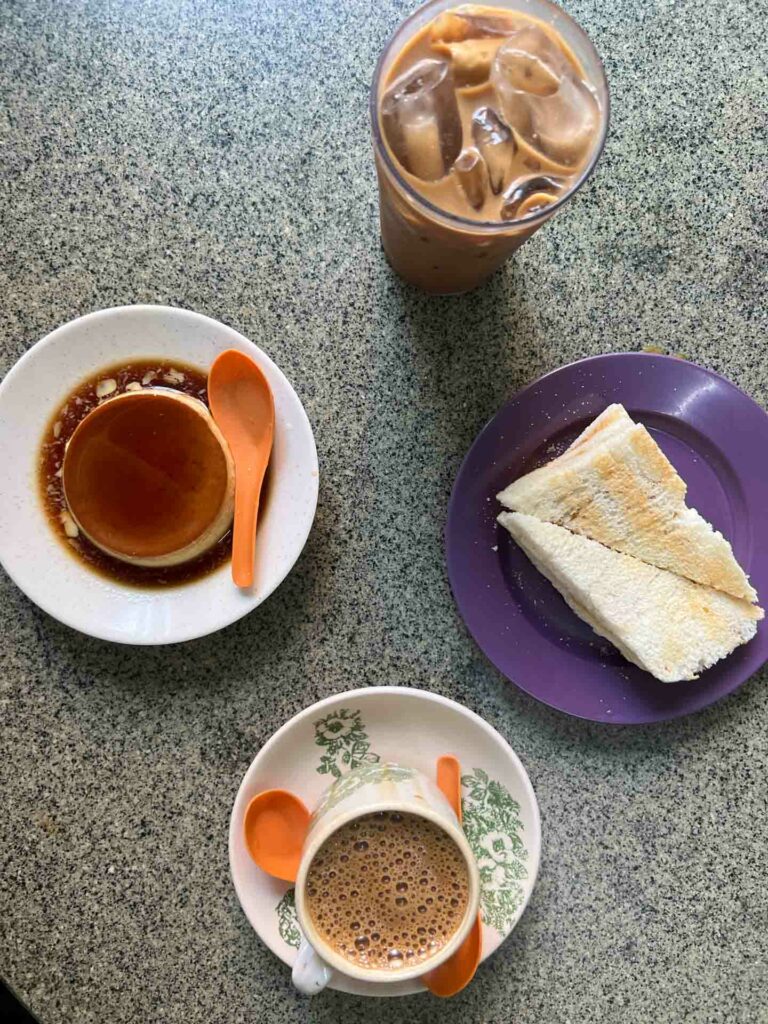 Ipoh Coffee with kaya toast and flan