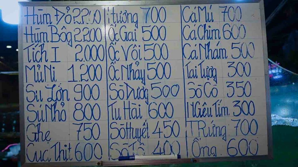 Seafood prices in Phu Quoc