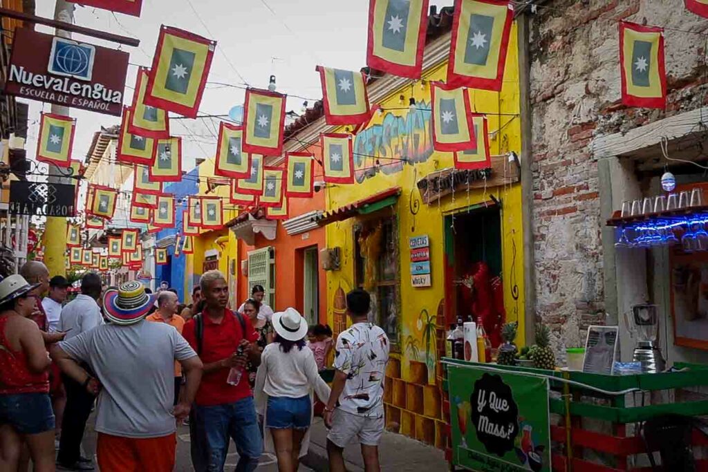 Cartagena Colombia crowded street in walled city with tourists