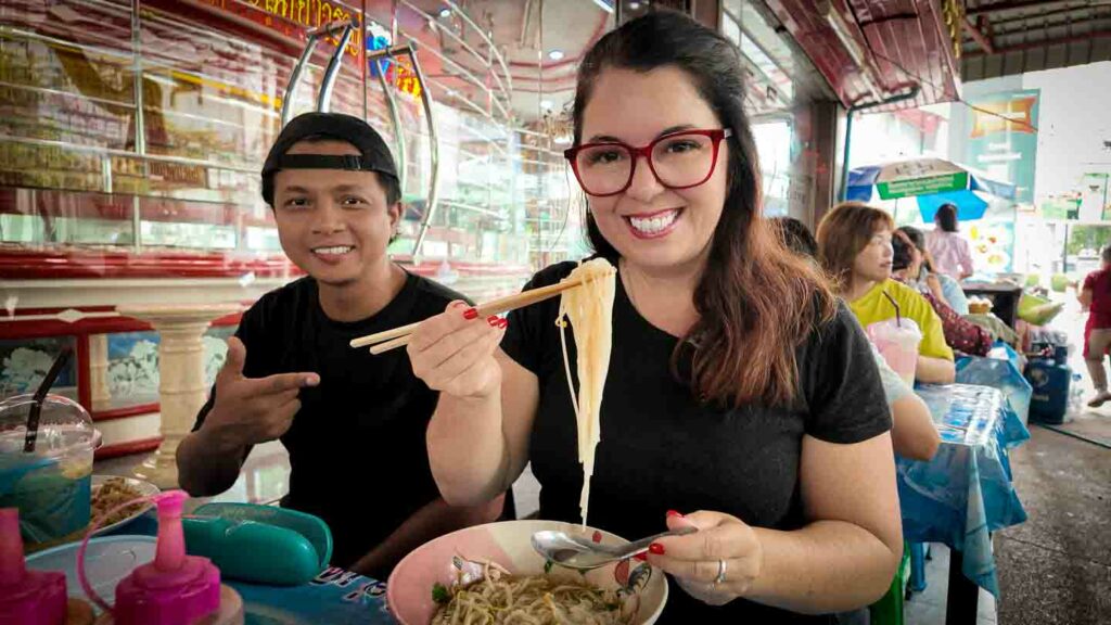 Ayngelina in Bangkok eating noodles with Alan